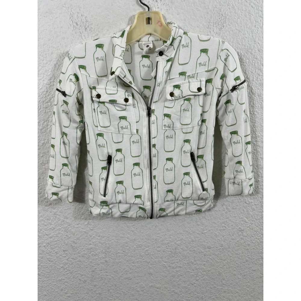 Quinn Jacket Girls 2T White Green Milk Bottle Print‎ Bamboo Zip Moto Sweatshirt